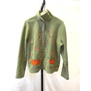 Fashion Bug XL Green Fleece Jacket with Autumn Leaf and Pumpkin Embroidery
